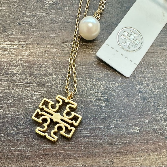 New Tory Burch Britten Gold Tone Double Strand Layered, Logo with Pearl Charm - Picture 8 of 14